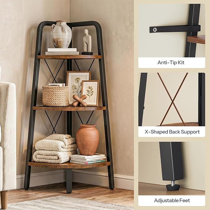 HOOBRO Corner Shelf, 3-Tier Corner Shelf Stand, 40” Tall Ladder Bookshelf, Industrial Corner Display Shelf Plant Stand for Living Room, Kitchen, Home Office, Rustic Brown BF143CJ01