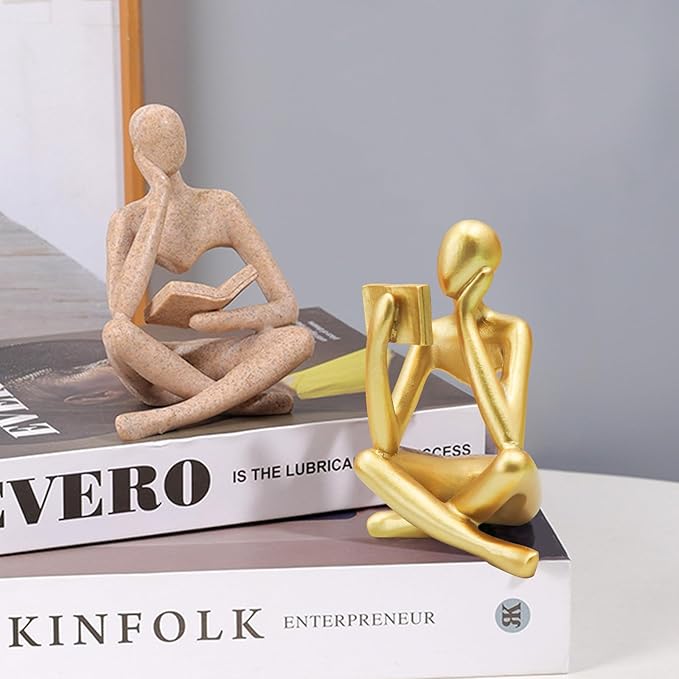Jinkoozz Gold Reading Women Statue, Thinker Sculptures, Abstract Art Ornament, Modern Aesthetic Figurine Decoration, Suitable for Home Living Room Bedroom Office Shelf Table Desk Bookshelf Decor