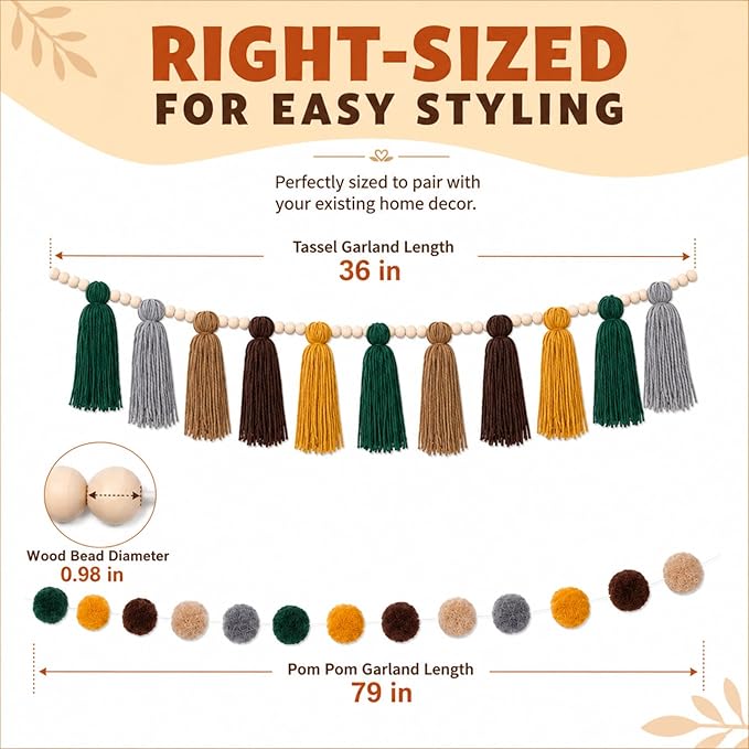 Syhood 3 Pcs Boho Tassel Garland Wall Hanging Decor 1 Boho Tassel Garland with Wood Beads and 2 Western Colorful Pom Pom Ball for Classroom Party Wedding Baby Shower Home Decorations(Elegant Colors)