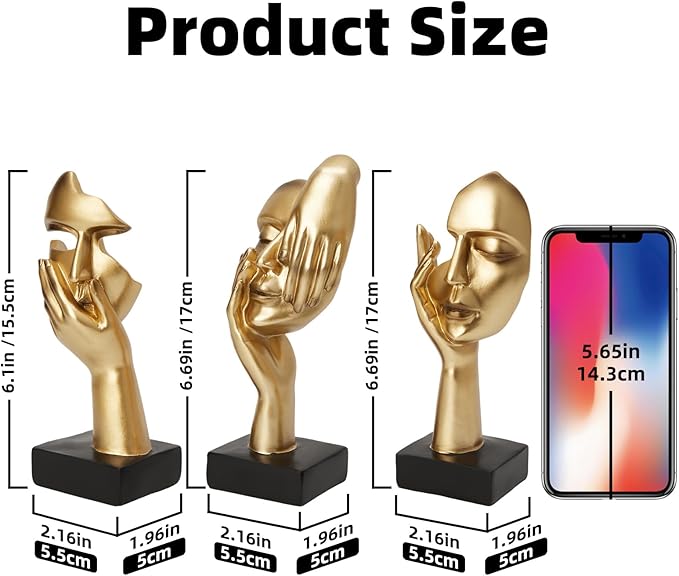 Gold Decor Thinker Statues Set of 3,Golden Abstract Face Resin Sculptures,Home Decor Accents,Office Bookshelf Decor, Shelf Side, Table Decorations for Living Room, Gift for Friends (gold-3Pcs)