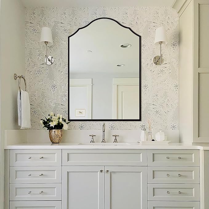 Black Arched Mirror for Bathroom, 36"x24" Bedside Mirrors for Wall with Modern Antique Metal Frame, Large Scalloped Entryway Decor
