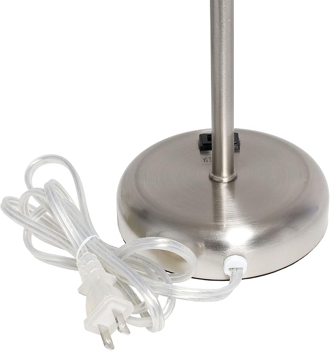 Oslo 19.5" Contemporary Bedside Power Outlet Base Standard Metal Table Desk Lamp in Brushed Steel with Light Pink Drum Fabric Shade