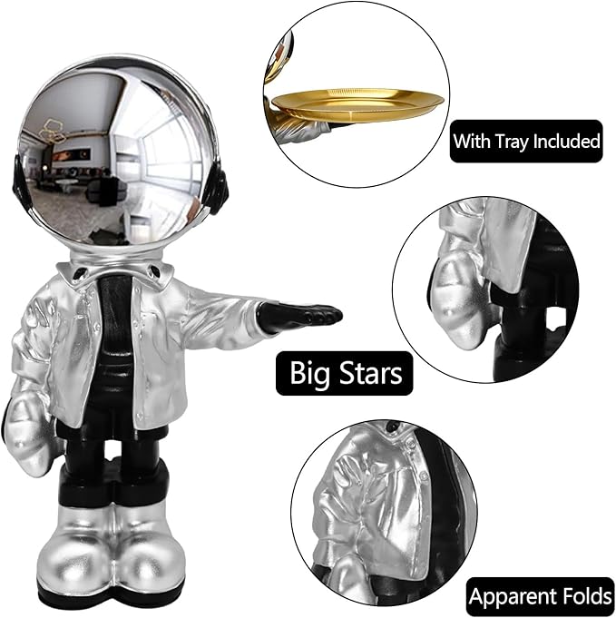 Dosker Astronaut Statues with Candy Dish & Key Dish,Spaceman Sculpture Polyresin Arts Gifts,Figurine Ornament Room Decor for Men,Tabletop Decoration for Living Room, Office, Entryway(Silver)