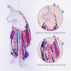 Pretty Jolly Unicorn Dream Catchers for Little Girls Bedroom Handmade Kids Dreamcatcher with Fluffy Pom Poms Feathers&Beads,Nursery Wall Decor for Toddler Girls Room,Children Birthday Gift(Purple)