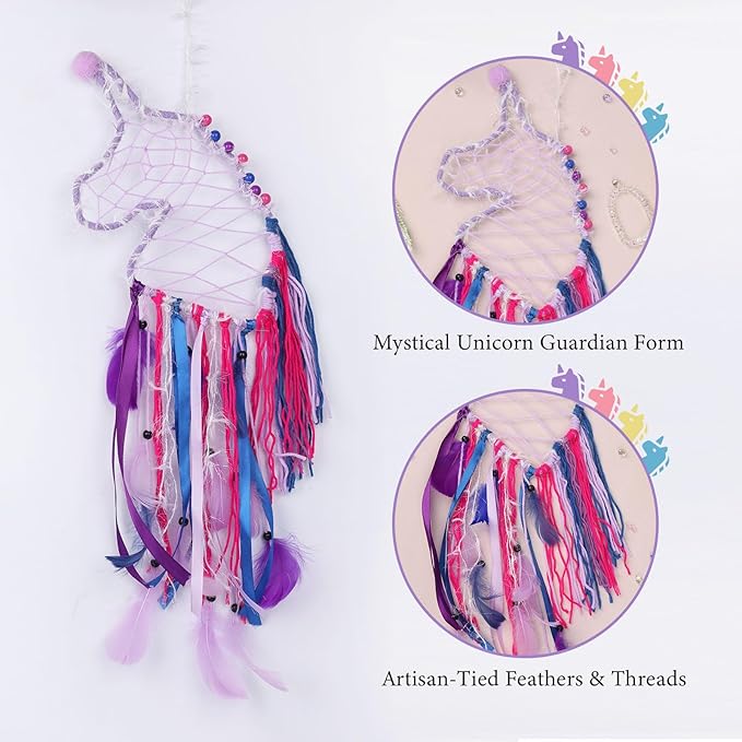 Pretty Jolly Unicorn Dream Catchers for Little Girls Bedroom Handmade Kids Dreamcatcher with Fluffy Pom Poms Feathers&Beads,Nursery Wall Decor for Toddler Girls Room,Children Birthday Gift(Purple)