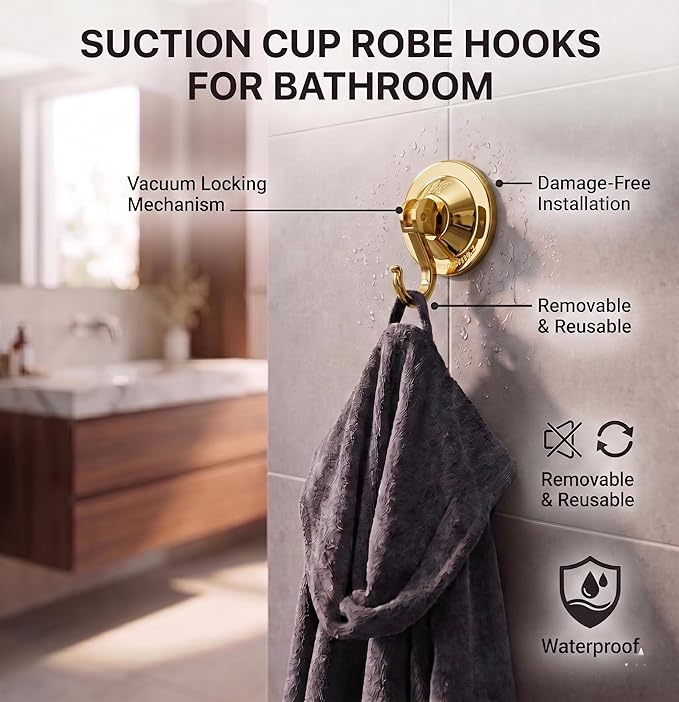Powerful Suction Cup Hooks, Lightweight Vacuum Wreath Hanger for Glass Door & Window, 20 lbs Large Waterproof Towel Hooks for Bathroom Shower, Removable No-Drill Utility Hooks, Gold Chrome