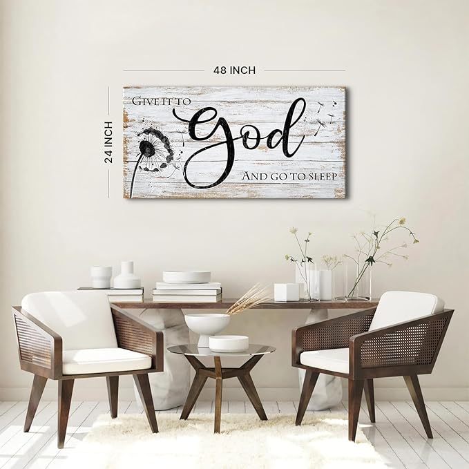 Give it to god and go to sleep Sign Wall Art Christian Bible Verses Wall Decor for Master Bedroom Dandelion Picture Canvas Rustic Religious Poster Painting Retro Quotes Artwork Home Decoration 24x48”