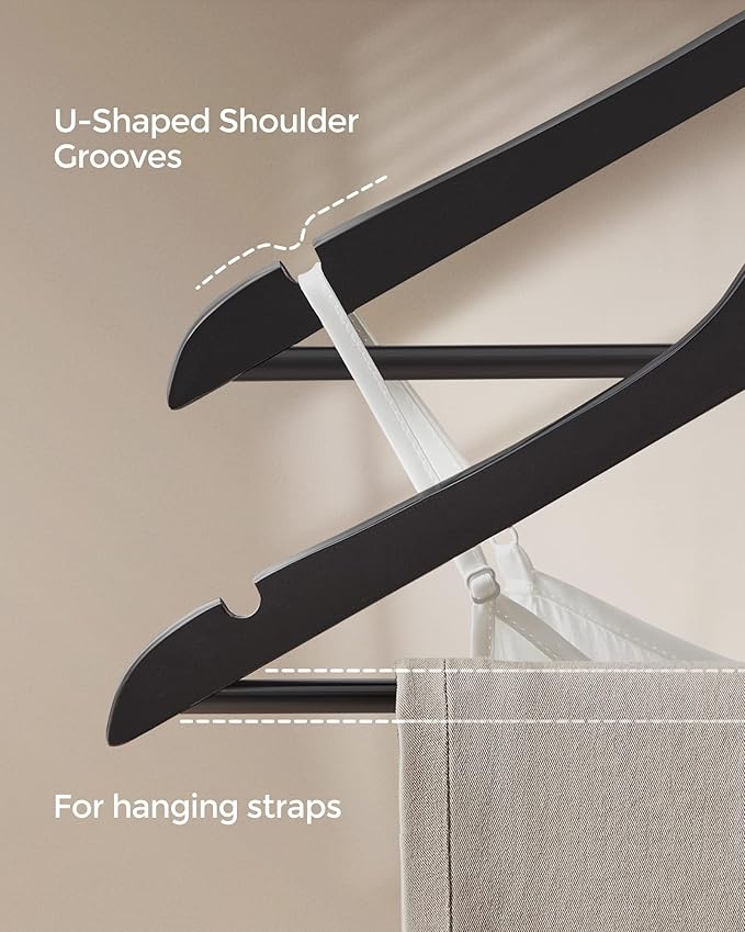 SONGMICS Wooden Hangers, 20-Pack Wood Coat Hangers with Shoulder Notches, Swivel Hook, Non-Slip for Jackets, Shirts, Suits, Black and Silver UCRW02B-20