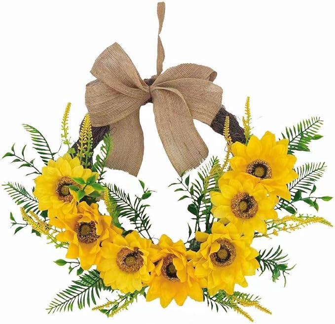 18 Inch Sunflower Wreath for Front Door, Artificial Spring Wreath with Bright Sunflowers and Bow for All Seasons Indoor Outdoor Wall Window Office Farmhouse Entryway Decor
