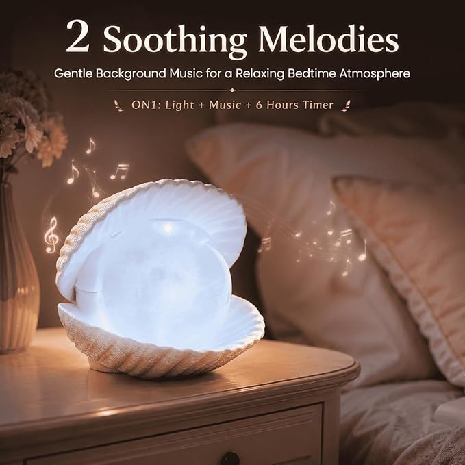 Seashell Pearl Night Light Ocean Sea Shell Snow Globe with Music and 6H Timer, USB & Battery Powered, Decorative Shell Night Light for Adult Kid Bedroom Living Room Coastal Decor Ideal Gift (Seashell)
