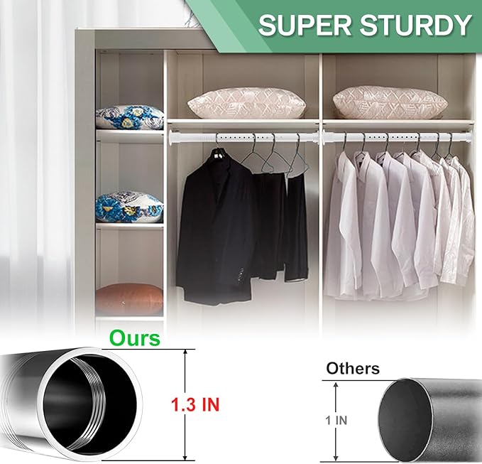 Closet Rod, 17 to 51 Inch 1.3 Inch Diameter Heavy Duty Adjustable Closet Rods for Hanging Clothes Heavy Duty Closet Hanging Rod Matte White Closet Poles for Wardrobes