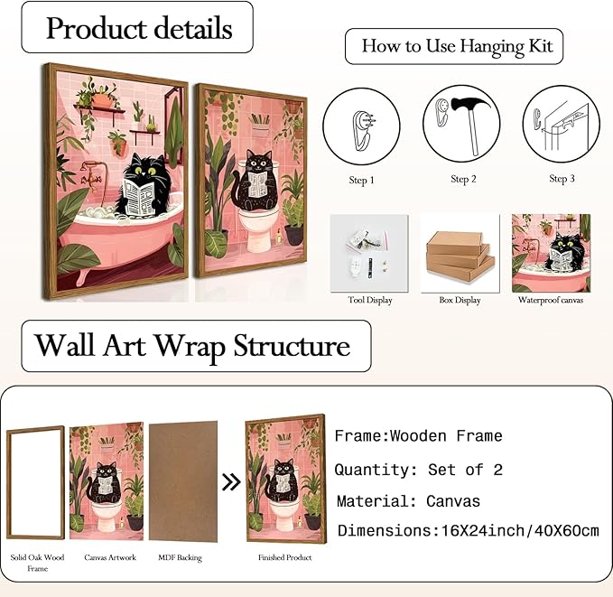 Framed Funny Bathroom Black Cat Canvas Wall Art Set of 2, Cute Cat Reading Newspaper on Toilet Pictures Wall Decor, Humor Animal in Bathtub Paintings Prints for Restroom 16x24 inch