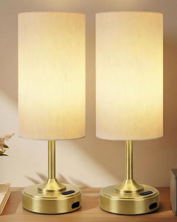 Cordless Lamp, 2-Pack, Dimmable, Ambient Light, 2700K, Timer, Touch Control, Portable, LED, Battery Operated, Rechargeable, Wireless, Desk Lamp, Kitchen Lamp, Fabric Shade, for Bedroom, Living Room