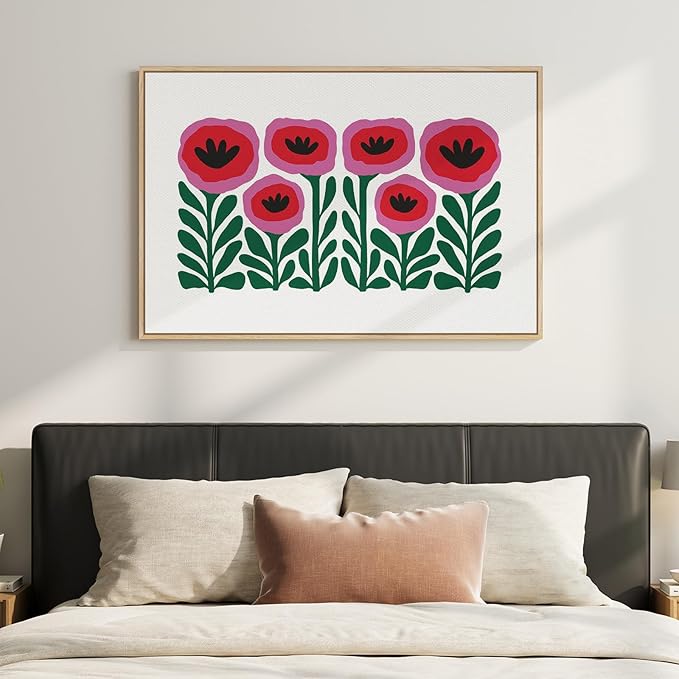 Framed Floral Wall Art for Bedroom, Large Pink Flower Canvas Artwork for Living Room Walls, Minimalist Botanical Picture Print for Nursery Playroom Dining Room Kitchen Hallway Wall Decor, 24x36 Inch