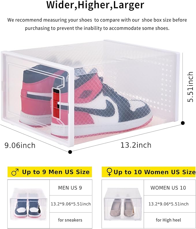 Large Shoe Storage Boxes Organizers Clear Plastic Stackable 12 Pack Fit Size 9, Shoe Rack & Holder Substitute, Sneaker Containers, Toy Storage Organizer Bins for Entryway, Closet, Under Bed