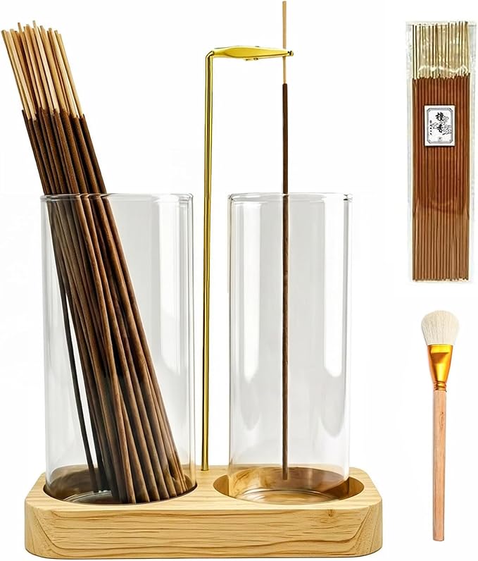 Incense Holder, 2 in 1 Wooden Incense Holder for Sticks with 20 Incense Sticks, Anti-ash Incense Burner with Glass Ash Catcher, Wood Incense Holder 20 Stick (2 in 1 Square)