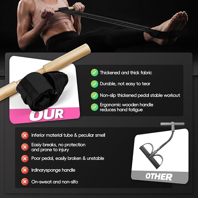 Pedal Resistance Bands with Handles, Upgrade Adjustable Manual Tension Training Pedal, Fabric Resistance Band with Wood Handles, Multifunction Fitness Bands for Abdomen, Waist, Arm, Leg
