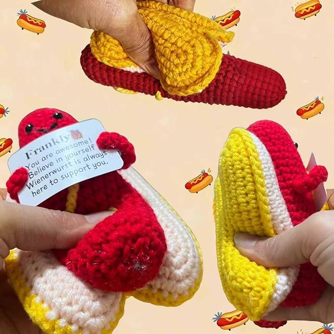 Hot Dog Crochet Gifts Cute,Funny Gag Birthday Gifts Men Women Emotional Positive Coffee Potato Hotdog Gift Plush Toy for Mom dad Christmas Friend Coworker Sister