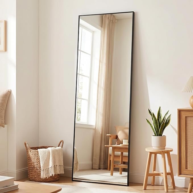 BEAUTYPEAK Full Length Mirror, 58"x14" Standing Hanging or Leaning Against Wall Floor Mirrors Body Dressing Wall-Mounted for Living Room, Bedroom with Aluminum Alloy Thin Frame, Black
