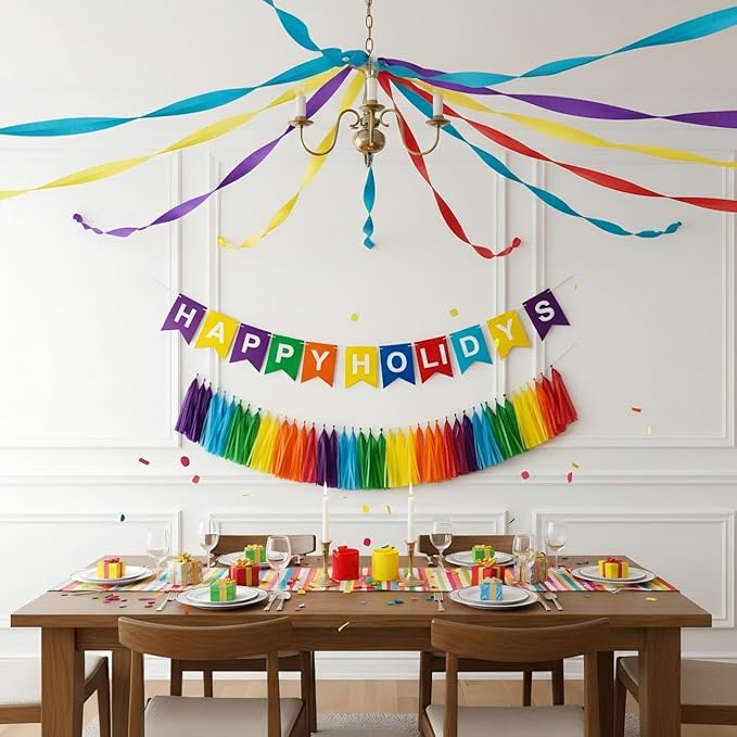30Pcs Rainbow Paper Tassel Garland,Multicolor Tissue Tassel Banner for Fiesta Mexican Engagement Party Decorations