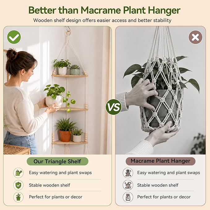 Artilady Macrame Corner Shelf Wall Hanging 3-Tier, Adjustable Boho Wood Plant Shelves Display for Indoor Candle Holder, Bedroom Living Room Home Decor (Beige 3-Tier)