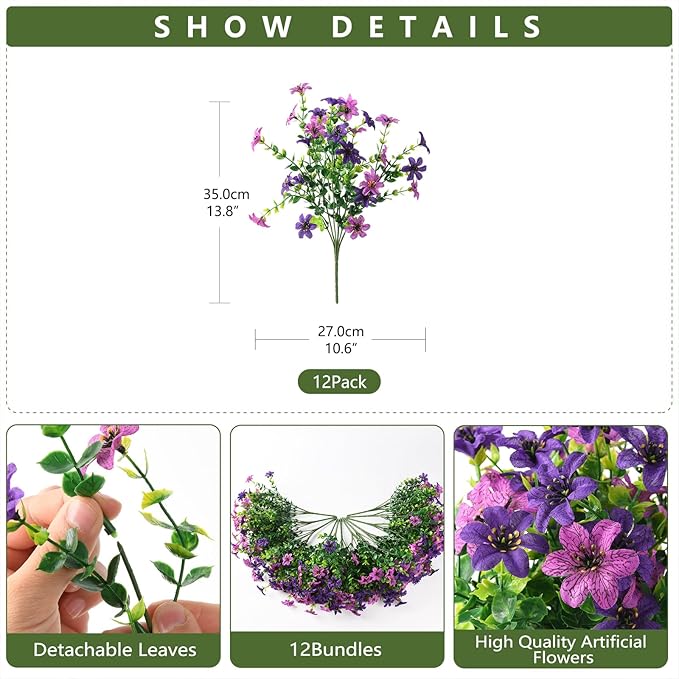 Artificial Flowers for Outdoors 12 Bundles Realistic Faux Silk Flower with Eucalyptus Stem, Fake Plants UV Resistant No Fade for Outside Planter Porch Patio Yard Window Garden Spring Summer Decoration