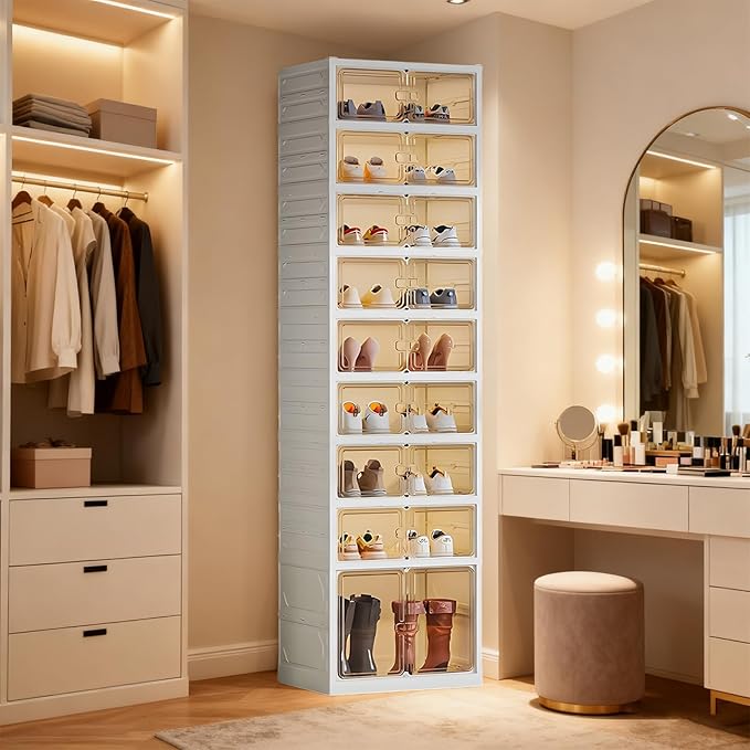 9 Tiers 18 Pairs Foldable Shoe Rack Organizer, Collapsible Shoes Storage Cabinet with Magnetic Doors, No Assembly, Stackable Tall Free Standing Shoe Rack for Closet, Entryway, Living Room