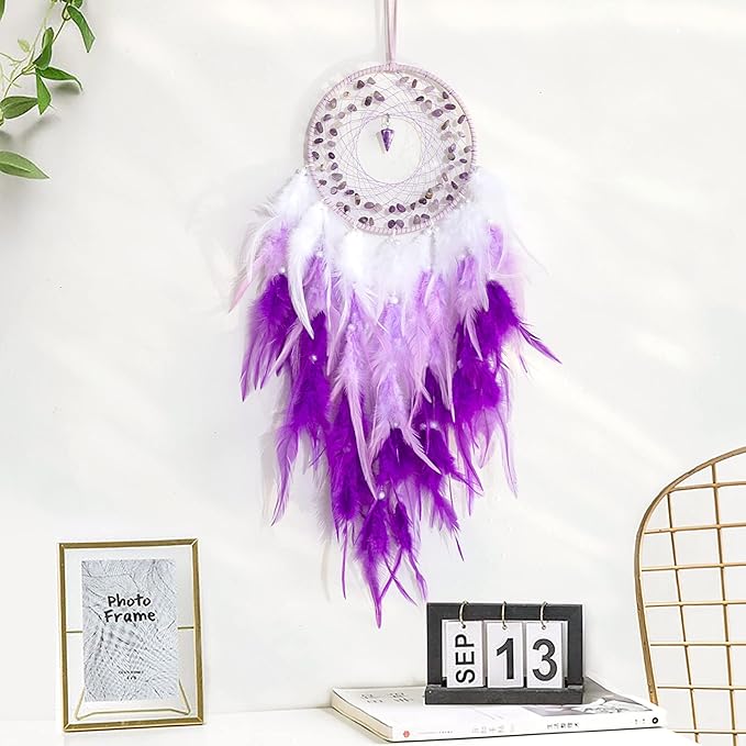 Purple Dream Catchers, Handmade Traditional Circular Net with Lucky Crystal Stones, Perfect Wall Hanging for Home Decor, Girl’s Bedroom, Art Ornament Craft Gift (Purple and Pink)