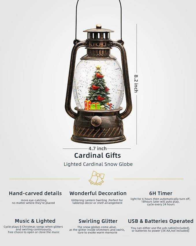 Snow Globe Christmas Decorations, Musical Christmas Snow Globes Glitter Tree Lantern Light Up 6H Time USB Lined/Battery Festival Snow Globes for Adults