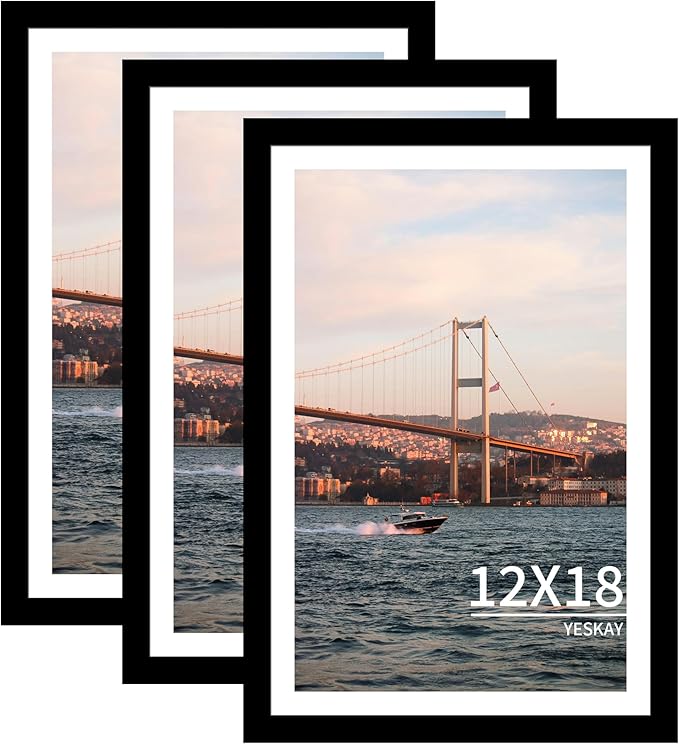 12x18 Picture Frame 3 Pack - Black Poster Frame Display Pictures 11x17 with Mat or 12 x 18 Without Mat for Wall Hanging Horizontal and Vertical