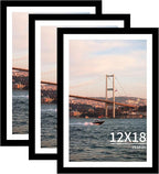 12x18 Picture Frame 3 Pack - Black Poster Frame Display Pictures 11x17 with Mat or 12 x 18 Without Mat for Wall Hanging Horizontal and Vertical