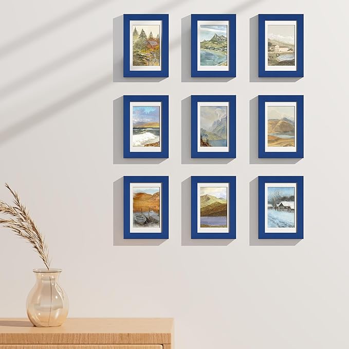 Vittanly 4x6 Picture Frames Set of 9, Shatter Resistant Plexiglass, Display 3.5x5 Pictures with Mat or 4x6 without Mat, Photo Frames for Wall or Tabletop, Engineered Wood, Blue