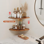 JJL Corner Shelf Wall Mounted, 12 Inches 2-Tier Floating Corner Shelf, Fan-Shaped Rustic Wood Decor with Fence, Brown Storage Organizer for Apartment Bedroom Kitchen Bathroom