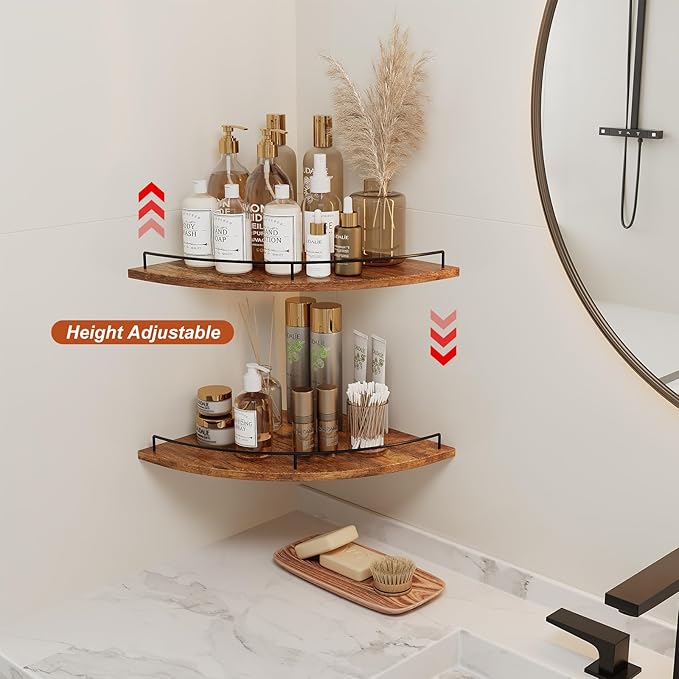 JJL Corner Shelf Wall Mounted, 12 Inches 2-Tier Floating Corner Shelf, Fan-Shaped Rustic Wood Decor with Fence, Brown Storage Organizer for Apartment Bedroom Kitchen Bathroom