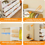 Closet System with 6 Wood Drawers, 6.6-13FT Closet Organizer System with Cuttable Shelves for Walk in Closet with 6 Expandable Hanging Rods, Heavy Duty Built-in Closet for Bedroom, White