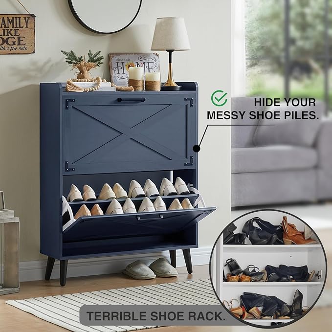 Shoe Storage Cabinet,Farmhouse Shoe Organizer with 2 Flip Drawers & Barn Door Design,Freestanding Hidden Slim Narrow Shoe Rack Cabinet for Entryway,Foyer,Hallway,Navy Blue