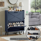 Shoe Storage Cabinet,Farmhouse Shoe Organizer with 2 Flip Drawers & Barn Door Design,Freestanding Hidden Slim Narrow Shoe Rack Cabinet for Entryway,Foyer,Hallway,Navy Blue
