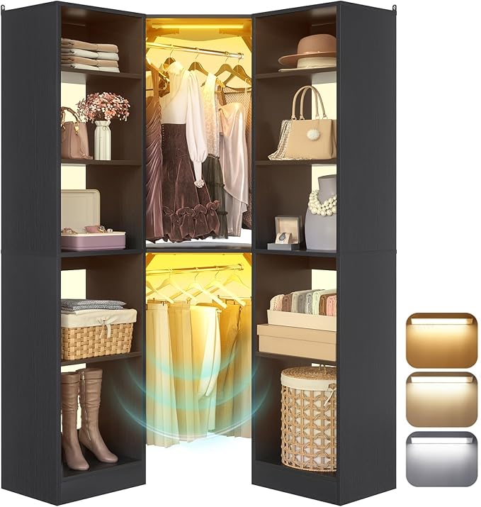 Corner Closet System with 2 Motion Sensor Lights, 39.2" Corner Closet Organizer with 12 Shelves, Closet Corner with 2 Hanging Rods, Versatile 6-Tier Walk-in Closets for Corner Space, Black