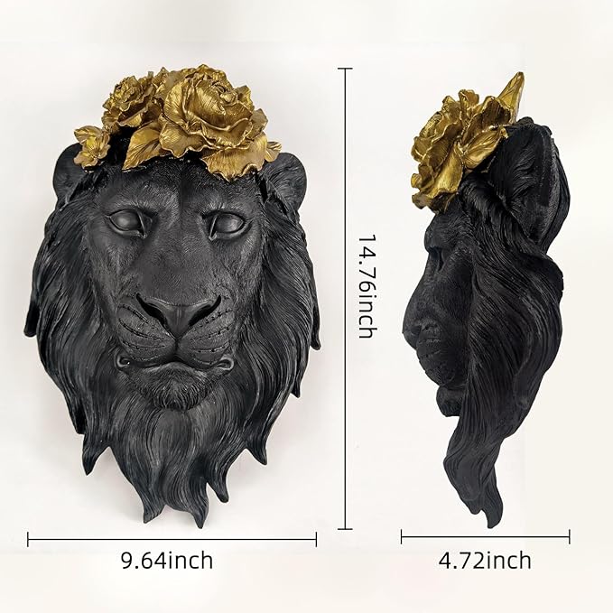 GUSFREUD Black Animal Heads Sculptures Wall Art - Resin Faux Lion for Home Wall Decor, Lion Wall Hanging Decoration for Living Room, Bedroom & Kitchen, Unique Gift Idea