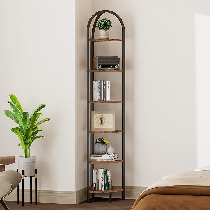 Homhedy 6-Tier Arched Corner Shelf Stand, Wall Corner Bookshelf with Metal Frame, Plant Stand, Industrial Storage Rack Shelf for Living Room, Bedroom, Office, Bathroom, Rustic Brown and Black