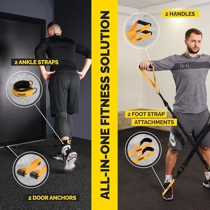 Tribe Lifting Tube Resistance Bands for Working Out Men and Women - 180lb Exercise Bands Set with Handles, Resistance Band Bar, Ankle Straps, Foot Straps, Door Anchor for Home Gym Strength Training