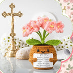 Wavwavw Christian Gift for Women Positive Handmade Crochet Doll with Bible Verse Prayer Card Inspirational Scripture Religious Crochet for Christmas Sunday Group Church(Forget Me Nots)