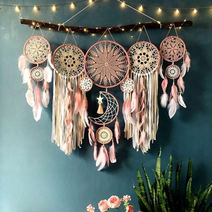 Set of 5 Boho, Hanging Large Boho Dream Catcher Wall Hanging Moon Dream Catcher Set Dream Catchers Wall Decor for Vintage Wedding Home Decorations (Pink)