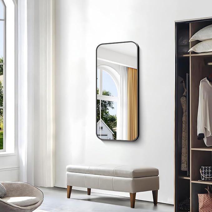 BONEWEI 20x40 inch Bathroom Mirror,Black Rectangle Mirror,Wall Mounted Bathroom Frame Vanity Mirror with Round Corner for Bedroom Living Room,Entryway Hangs Horizontal or Vertical