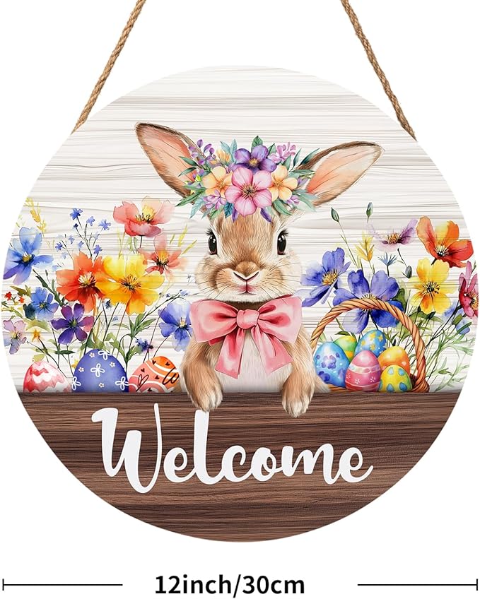 Hello Spring Easter Bunny Rabbit Sign for Front Door 12”x12” Summer Welcome Easter Wood Door Hanger for Outdoor Outside Porch Farmhouse Flowers Wooden Wreath Indoor Outdoor Wall Hanging Decoration