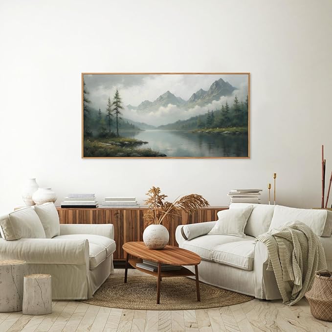 SIGNINART Large Green Forest Framed Canvas Wall Art, Misty Mountain Lake Wall Decor, Modern Foggy Wood Landscape Artwork, Nature Oil Painting Art Print for Living Room, Bedroom, Office 20"x40"