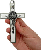BONITTER Antique Silver Crucifix Wall Cross-St. Benedict Metal Wall Art-5.0 InchX2.7 Inch Black White Brown Enamel Give Blessing and The Spiritual Sacred:Faith Gift for your Acquaintances (White)