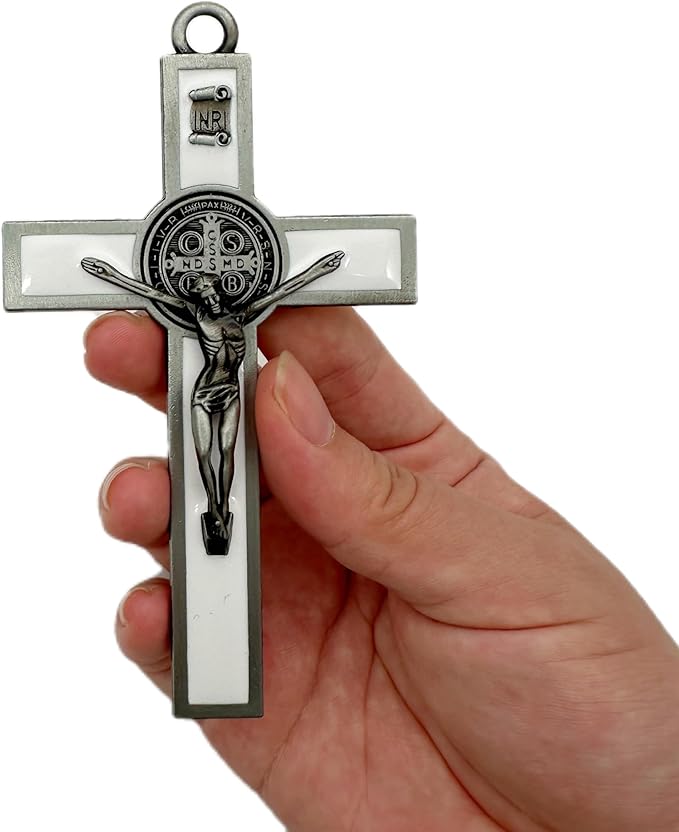 BONITTER Antique Silver Crucifix Wall Cross-St. Benedict Metal Wall Art-5.0 InchX2.7 Inch Black White Brown Enamel Give Blessing and The Spiritual Sacred:Faith Gift for your Acquaintances (White)
