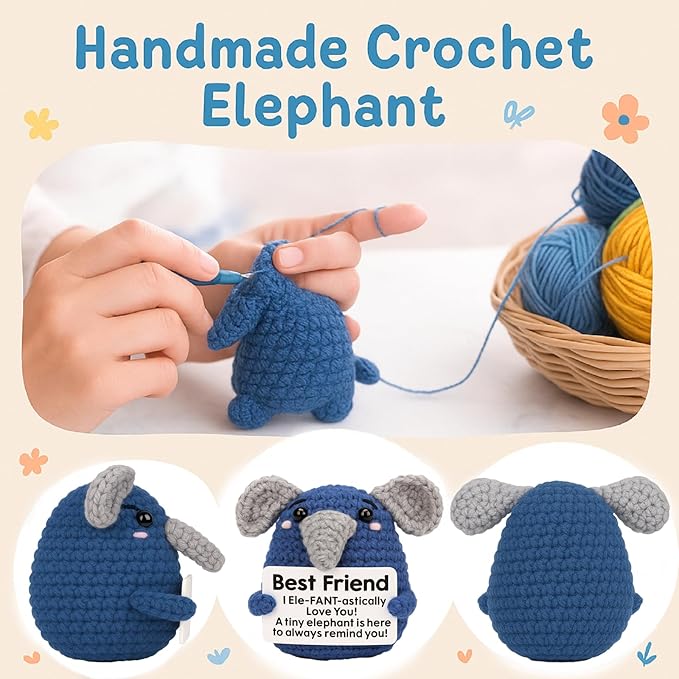 for Women Men, Handmade Crochet Elephant Doll, Cute Emotional Support Animal Gift for Friends, Inspirational Cheer Up Gift, Birthday Graduation Gift Idea