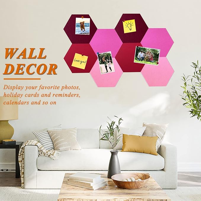 8Pcs Hexagon Felt Cork Board Tiles, Self Adhesive DIY Bulletin Board Pin Board for Office School Home Wall Decor Stickers Memos Photos Display (Gradual Red)